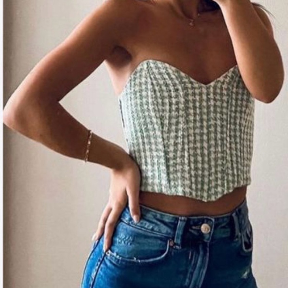 Zara White and Teal Tweed Top